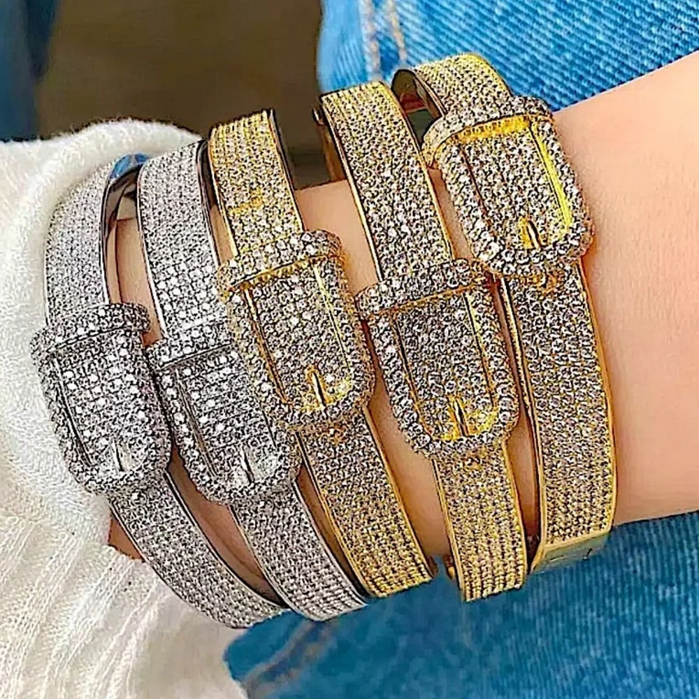 Buckle Design 18K Gold Plated Crystal Bangle Bracelet